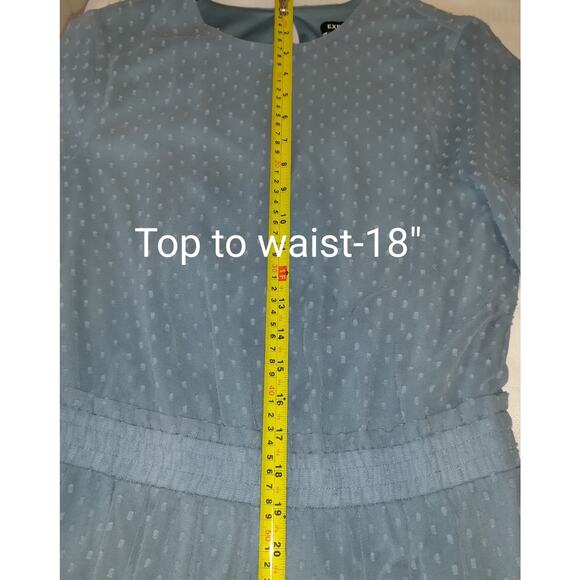 Express Blue Mini Dress SMALL Tiered Ruffles Swiss Squares Sheer Lined Keyhole - Picture 10 of 16